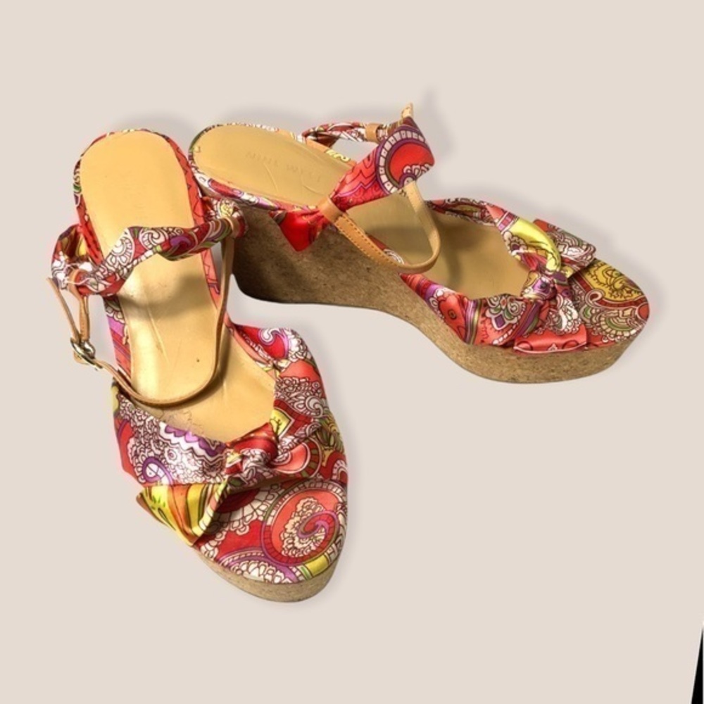 Y2K Nine West paisley‎ scarf platform chunky cork espadrille wedge sandal 9 boho